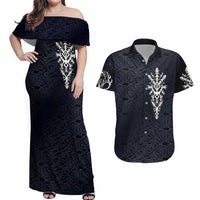 Runic Skull Couples Matching Off Shoulder Maxi Dress and Hawaiian Shirt with Nordic Symbols and Knot Pattern Viking Heritage Tribute - Wonder Print Shop