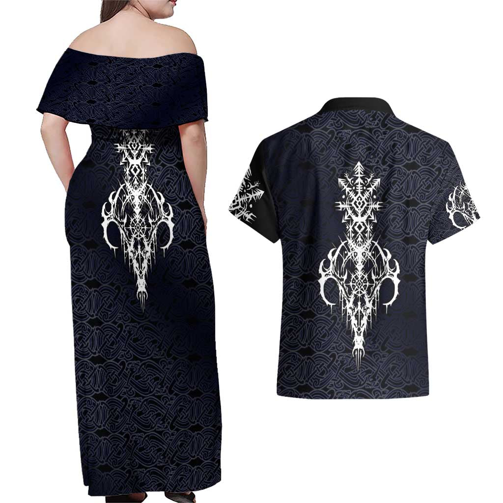 Runic Skull Couples Matching Off Shoulder Maxi Dress and Hawaiian Shirt with Nordic Symbols and Knot Pattern Viking Heritage Tribute - Wonder Print Shop