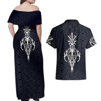 Runic Skull Couples Matching Off Shoulder Maxi Dress and Hawaiian Shirt with Nordic Symbols and Knot Pattern Viking Heritage Tribute - Wonder Print Shop