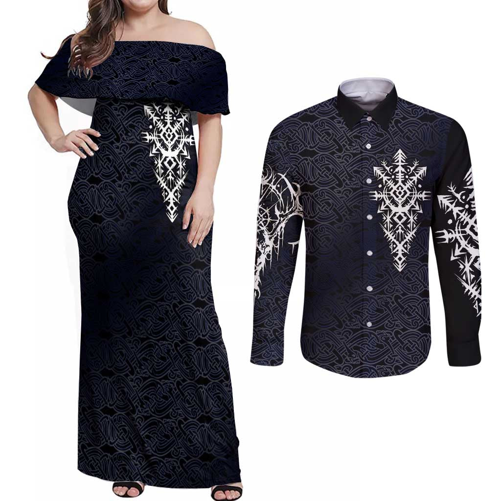 Runic Skull Couples Matching Off Shoulder Maxi Dress and Long Sleeve Button Shirt with Nordic Symbols and Knot Pattern Viking Heritage Tribute - Wonder Print Shop