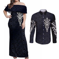 Runic Skull Couples Matching Off Shoulder Maxi Dress and Long Sleeve Button Shirt with Nordic Symbols and Knot Pattern Viking Heritage Tribute - Wonder Print Shop
