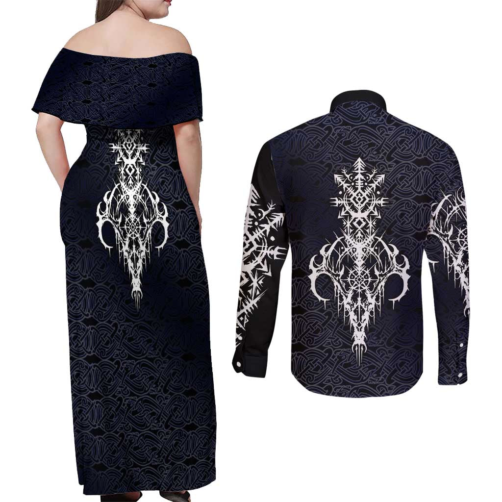 Runic Skull Couples Matching Off Shoulder Maxi Dress and Long Sleeve Button Shirt with Nordic Symbols and Knot Pattern Viking Heritage Tribute - Wonder Print Shop