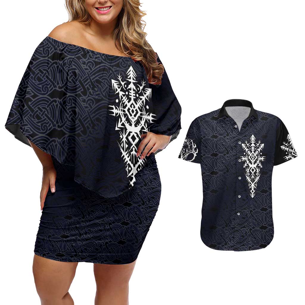 Runic Skull Couples Matching Off Shoulder Short Dress and Hawaiian Shirt with Nordic Symbols and Knot Pattern Viking Heritage Tribute - Wonder Print Shop