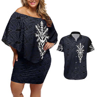 Runic Skull Couples Matching Off Shoulder Short Dress and Hawaiian Shirt with Nordic Symbols and Knot Pattern Viking Heritage Tribute - Wonder Print Shop
