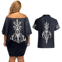 Runic Skull Couples Matching Off Shoulder Short Dress and Hawaiian Shirt with Nordic Symbols and Knot Pattern Viking Heritage Tribute - Wonder Print Shop