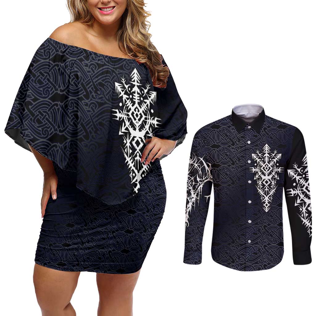 Runic Skull Couples Matching Off Shoulder Short Dress and Long Sleeve Button Shirt with Nordic Symbols and Knot Pattern Viking Heritage Tribute - Wonder Print Shop