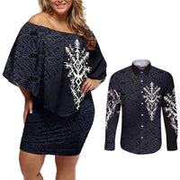 Runic Skull Couples Matching Off Shoulder Short Dress and Long Sleeve Button Shirt with Nordic Symbols and Knot Pattern Viking Heritage Tribute - Wonder Print Shop