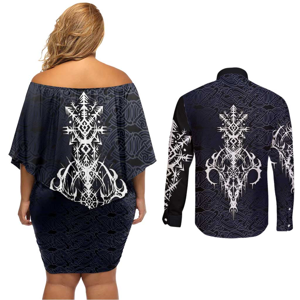 Runic Skull Couples Matching Off Shoulder Short Dress and Long Sleeve Button Shirt with Nordic Symbols and Knot Pattern Viking Heritage Tribute - Wonder Print Shop