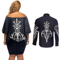 Runic Skull Couples Matching Off Shoulder Short Dress and Long Sleeve Button Shirt with Nordic Symbols and Knot Pattern Viking Heritage Tribute - Wonder Print Shop