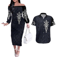 Runic Skull Couples Matching Off The Shoulder Long Sleeve Dress and Hawaiian Shirt with Nordic Symbols and Knot Pattern Viking Heritage Tribute - Wonder Print Shop