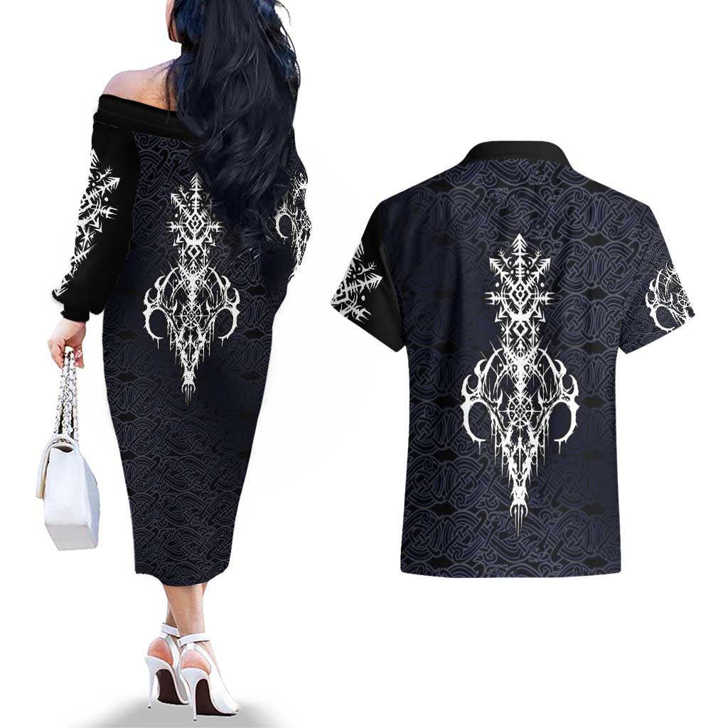 Runic Skull Couples Matching Off The Shoulder Long Sleeve Dress and Hawaiian Shirt with Nordic Symbols and Knot Pattern Viking Heritage Tribute - Wonder Print Shop