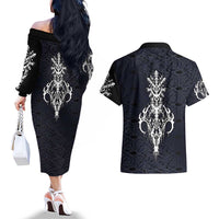 Runic Skull Couples Matching Off The Shoulder Long Sleeve Dress and Hawaiian Shirt with Nordic Symbols and Knot Pattern Viking Heritage Tribute - Wonder Print Shop