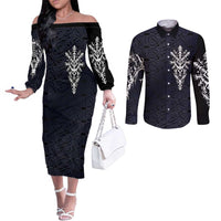 Runic Skull Couples Matching Off The Shoulder Long Sleeve Dress and Long Sleeve Button Shirt with Nordic Symbols and Knot Pattern Viking Heritage Tribute - Wonder Print Shop