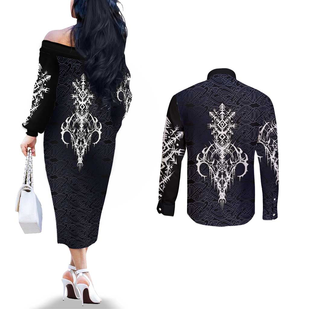 Runic Skull Couples Matching Off The Shoulder Long Sleeve Dress and Long Sleeve Button Shirt with Nordic Symbols and Knot Pattern Viking Heritage Tribute - Wonder Print Shop