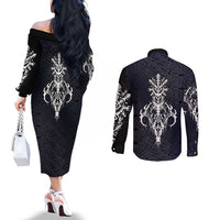Runic Skull Couples Matching Off The Shoulder Long Sleeve Dress and Long Sleeve Button Shirt with Nordic Symbols and Knot Pattern Viking Heritage Tribute - Wonder Print Shop
