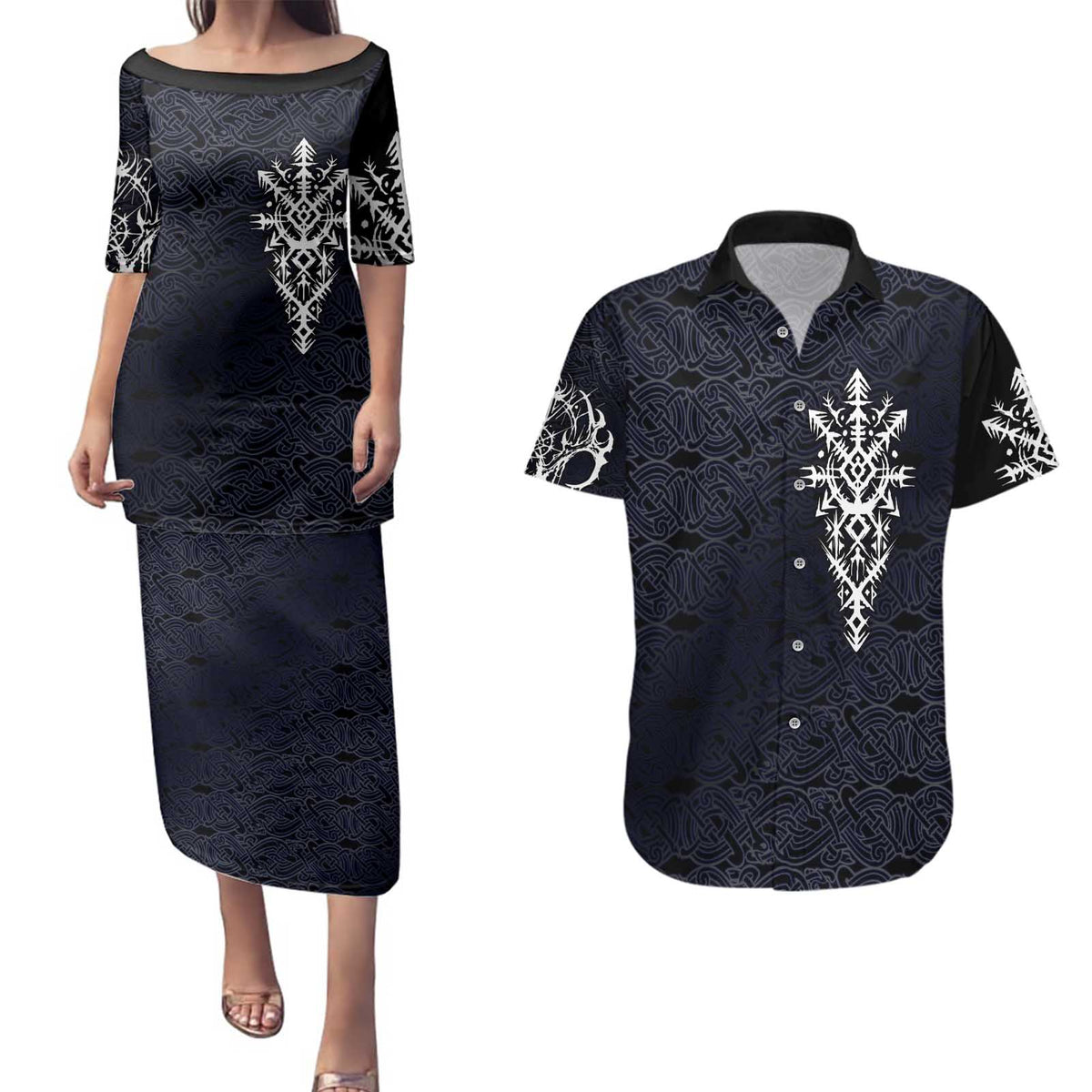 Runic Skull Couples Matching Puletasi and Hawaiian Shirt with Nordic Symbols and Knot Pattern Viking Heritage Tribute - Wonder Print Shop