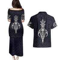 Runic Skull Couples Matching Puletasi and Hawaiian Shirt with Nordic Symbols and Knot Pattern Viking Heritage Tribute - Wonder Print Shop