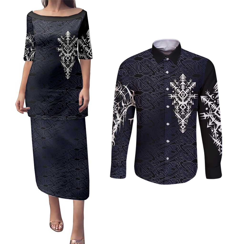 Runic Skull Couples Matching Puletasi and Long Sleeve Button Shirt with Nordic Symbols and Knot Pattern Viking Heritage Tribute - Wonder Print Shop