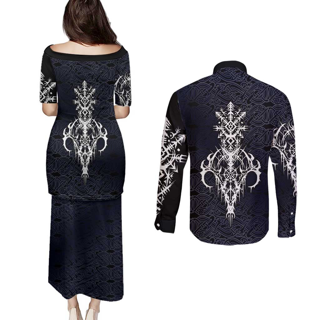 Runic Skull Couples Matching Puletasi and Long Sleeve Button Shirt with Nordic Symbols and Knot Pattern Viking Heritage Tribute - Wonder Print Shop