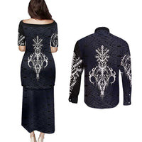 Runic Skull Couples Matching Puletasi and Long Sleeve Button Shirt with Nordic Symbols and Knot Pattern Viking Heritage Tribute - Wonder Print Shop