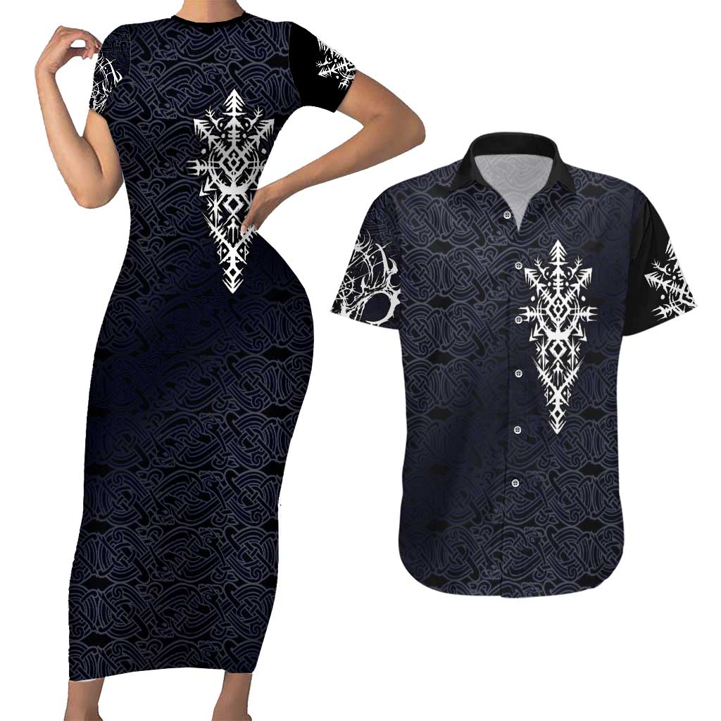 Runic Skull Couples Matching Short Sleeve Bodycon Dress and Hawaiian Shirt with Nordic Symbols and Knot Pattern Viking Heritage Tribute - Wonder Print Shop