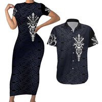 Runic Skull Couples Matching Short Sleeve Bodycon Dress and Hawaiian Shirt with Nordic Symbols and Knot Pattern Viking Heritage Tribute - Wonder Print Shop