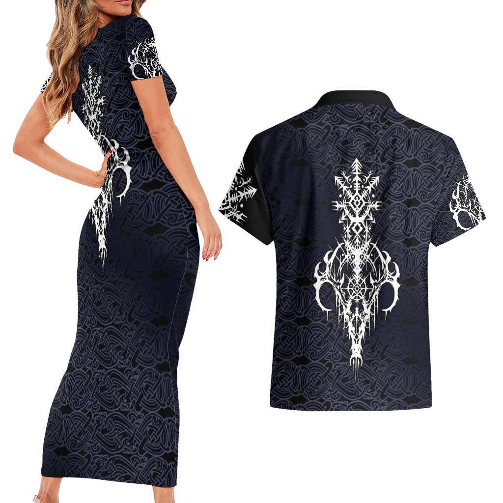 Runic Skull Couples Matching Short Sleeve Bodycon Dress and Hawaiian Shirt with Nordic Symbols and Knot Pattern Viking Heritage Tribute - Wonder Print Shop