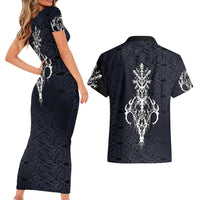 Runic Skull Couples Matching Short Sleeve Bodycon Dress and Hawaiian Shirt with Nordic Symbols and Knot Pattern Viking Heritage Tribute - Wonder Print Shop