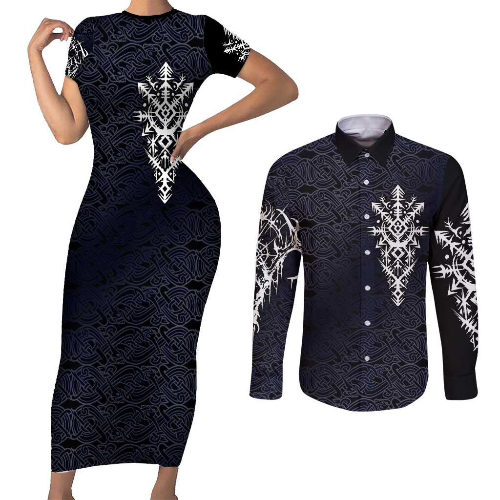 Runic Skull Couples Matching Short Sleeve Bodycon Dress and Long Sleeve Button Shirt with Nordic Symbols and Knot Pattern Viking Heritage Tribute - Wonder Print Shop