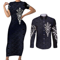 Runic Skull Couples Matching Short Sleeve Bodycon Dress and Long Sleeve Button Shirt with Nordic Symbols and Knot Pattern Viking Heritage Tribute - Wonder Print Shop