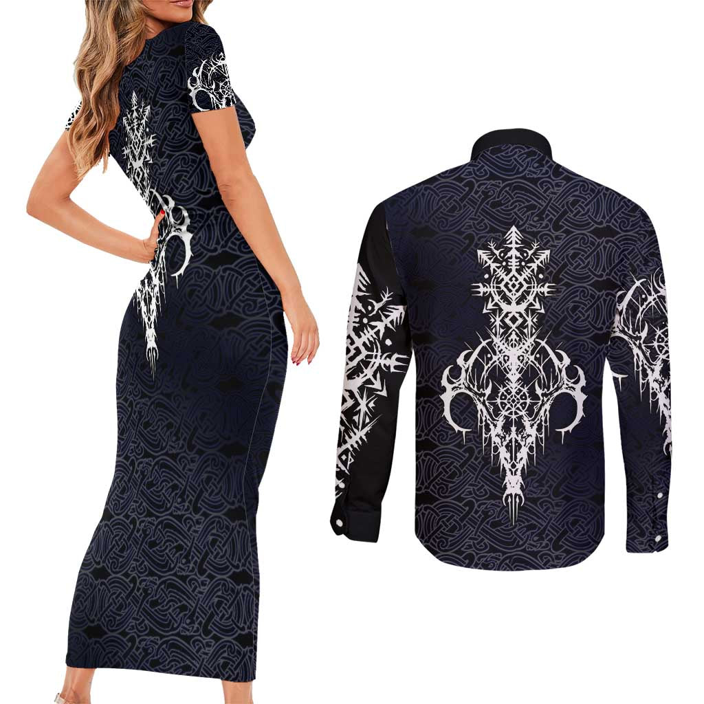 Runic Skull Couples Matching Short Sleeve Bodycon Dress and Long Sleeve Button Shirt with Nordic Symbols and Knot Pattern Viking Heritage Tribute - Wonder Print Shop