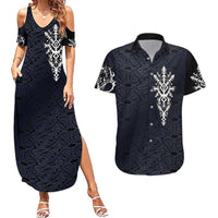Runic Skull Couples Matching Summer Maxi Dress and Hawaiian Shirt with Nordic Symbols and Knot Pattern Viking Heritage Tribute - Wonder Print Shop