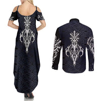 Runic Skull Couples Matching Summer Maxi Dress and Long Sleeve Button Shirt with Nordic Symbols and Knot Pattern Viking Heritage Tribute - Wonder Print Shop
