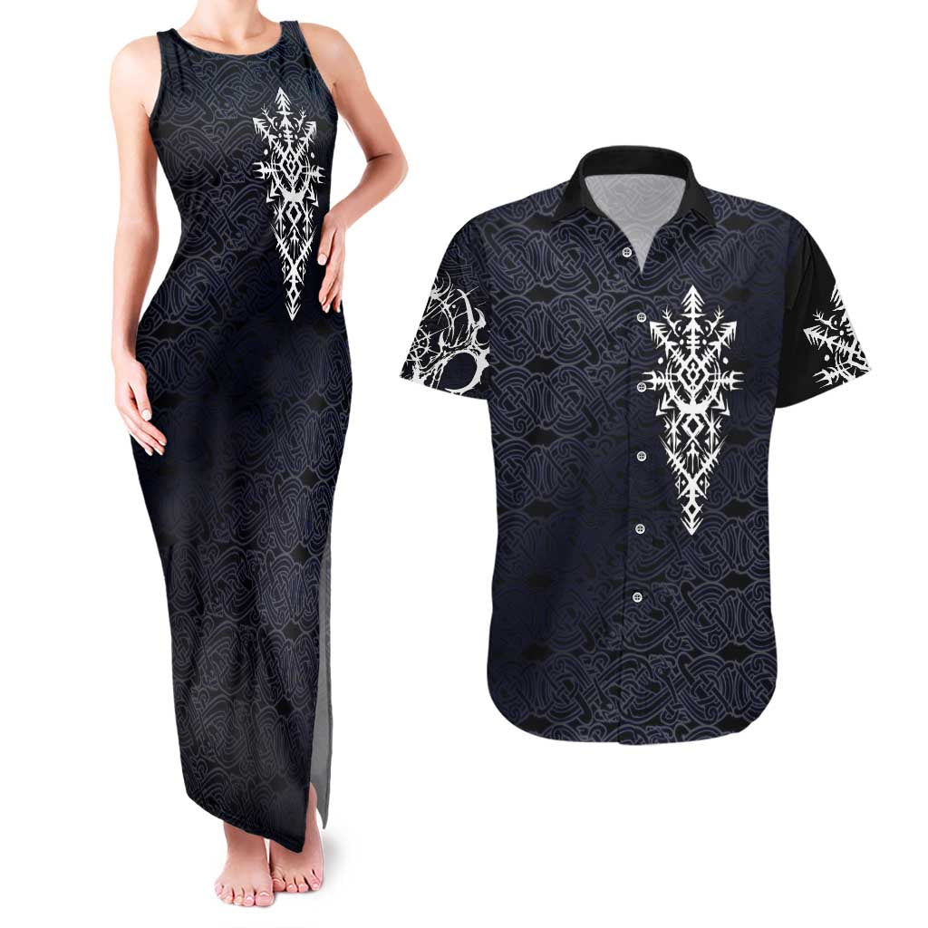 Runic Skull Couples Matching Tank Maxi Dress and Hawaiian Shirt with Nordic Symbols and Knot Pattern Viking Heritage Tribute - Wonder Print Shop