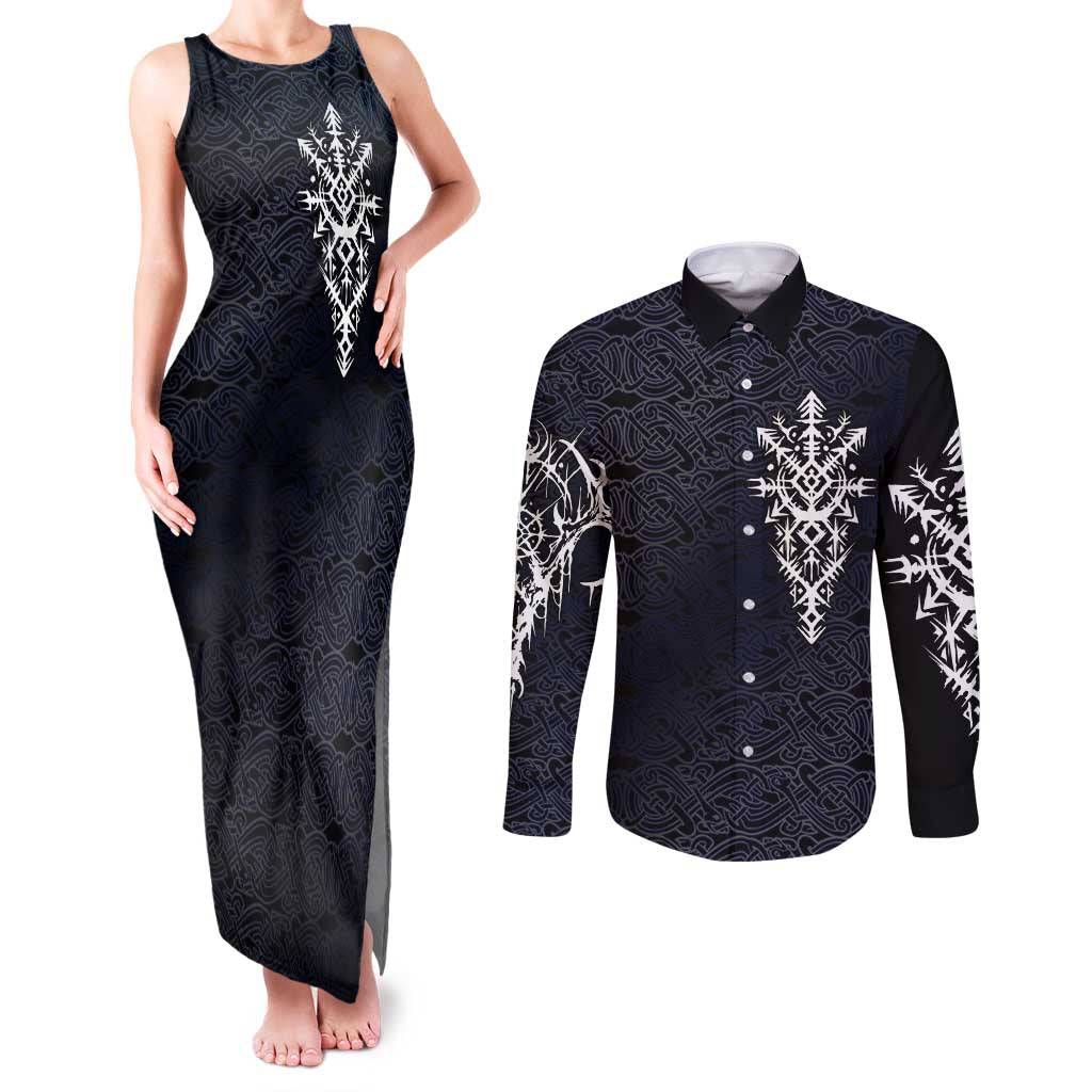 Runic Skull Couples Matching Tank Maxi Dress and Long Sleeve Button Shirt with Nordic Symbols and Knot Pattern Viking Heritage Tribute - Wonder Print Shop