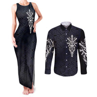 Runic Skull Couples Matching Tank Maxi Dress and Long Sleeve Button Shirt with Nordic Symbols and Knot Pattern Viking Heritage Tribute - Wonder Print Shop