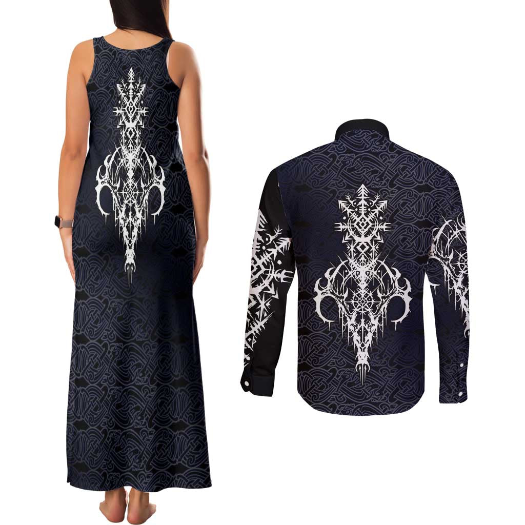 Runic Skull Couples Matching Tank Maxi Dress and Long Sleeve Button Shirt with Nordic Symbols and Knot Pattern Viking Heritage Tribute - Wonder Print Shop