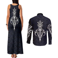 Runic Skull Couples Matching Tank Maxi Dress and Long Sleeve Button Shirt with Nordic Symbols and Knot Pattern Viking Heritage Tribute - Wonder Print Shop