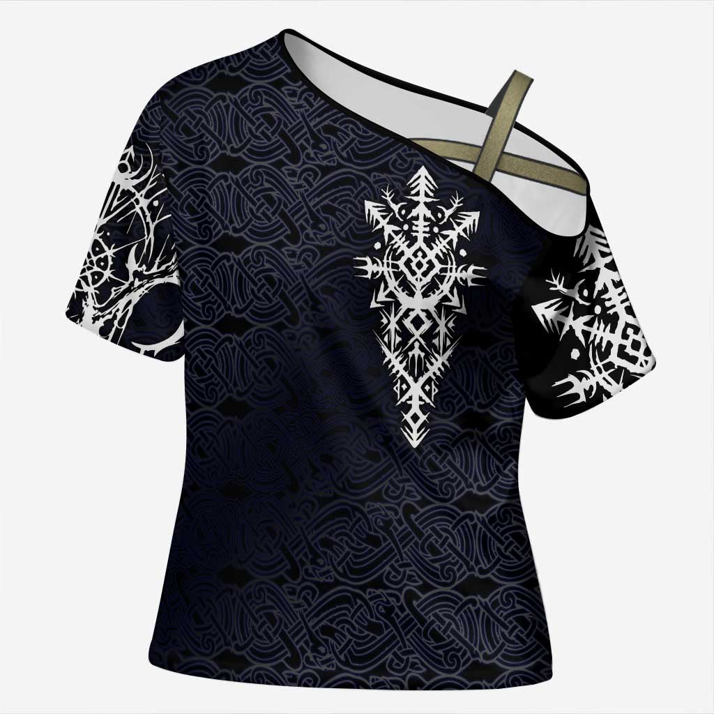 Runic Skull Cross Shoulder Shirt with Nordic Symbols and Knot Pattern Viking Heritage Tribute - Wonder Print Shop