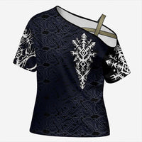 Runic Skull Cross Shoulder Shirt with Nordic Symbols and Knot Pattern Viking Heritage Tribute - Wonder Print Shop
