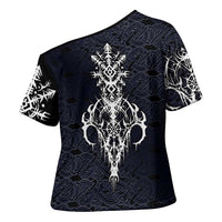 Runic Skull Cross Shoulder Shirt with Nordic Symbols and Knot Pattern Viking Heritage Tribute - Wonder Print Shop