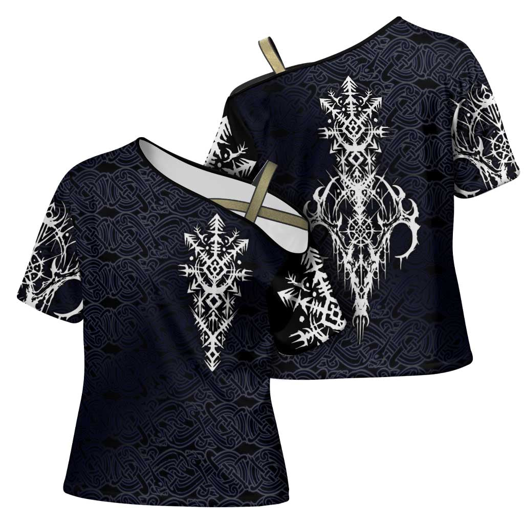 Runic Skull Cross Shoulder Shirt with Nordic Symbols and Knot Pattern Viking Heritage Tribute - Wonder Print Shop