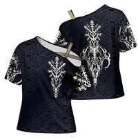 Runic Skull Cross Shoulder Shirt with Nordic Symbols and Knot Pattern Viking Heritage Tribute - Wonder Print Shop