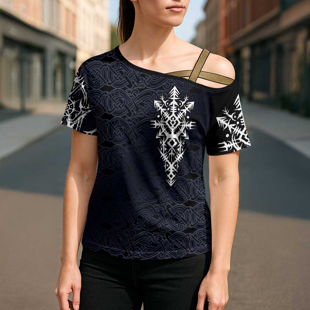 Runic Skull Cross Shoulder Shirt with Nordic Symbols and Knot Pattern Viking Heritage Tribute - Wonder Print Shop