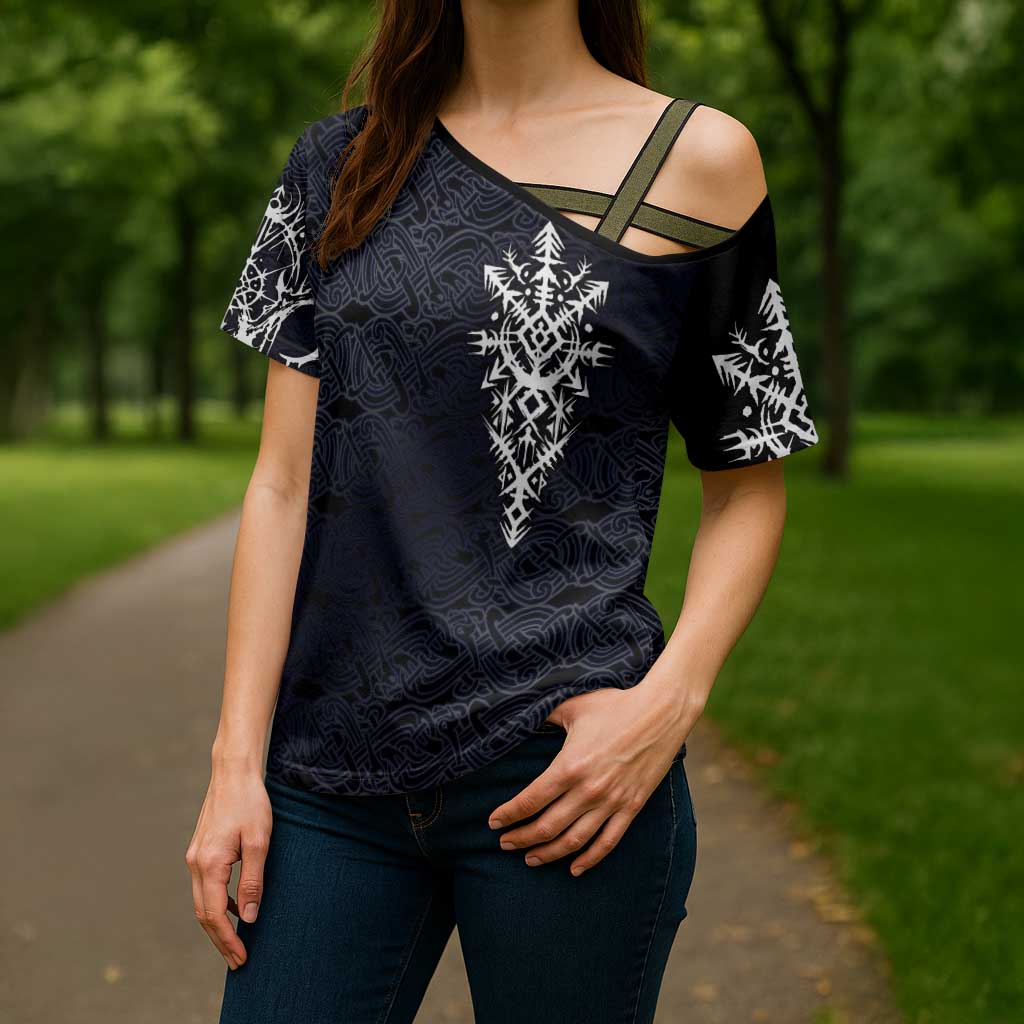 Runic Skull Cross Shoulder Shirt with Nordic Symbols and Knot Pattern Viking Heritage Tribute - Wonder Print Shop