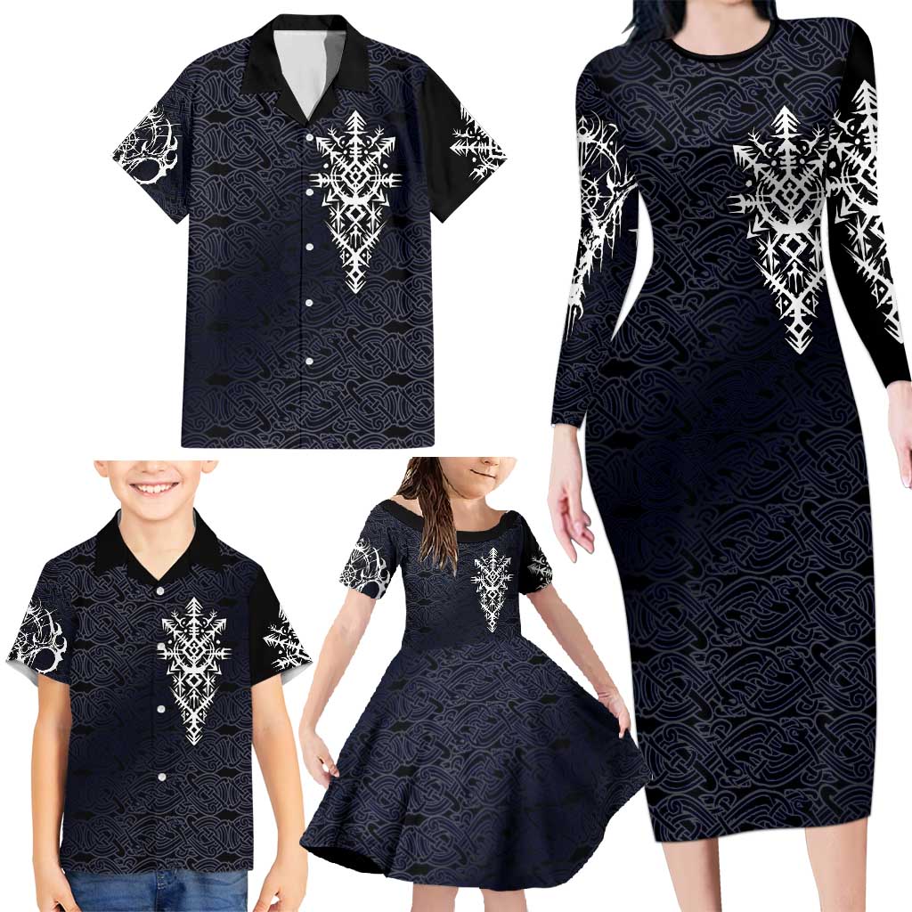 Runic Skull Family Matching Long Sleeve Bodycon Dress and Hawaiian Shirt with Nordic Symbols and Knot Pattern Viking Heritage Tribute - Wonder Print Shop