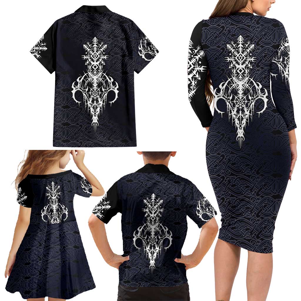 Runic Skull Family Matching Long Sleeve Bodycon Dress and Hawaiian Shirt with Nordic Symbols and Knot Pattern Viking Heritage Tribute - Wonder Print Shop