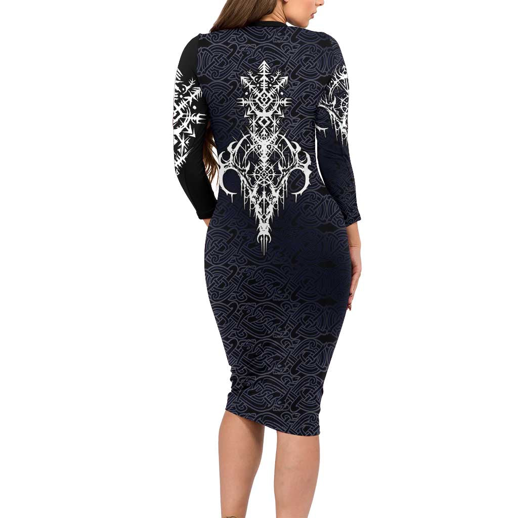 Runic Skull Family Matching Long Sleeve Bodycon Dress and Hawaiian Shirt with Nordic Symbols and Knot Pattern Viking Heritage Tribute - Wonder Print Shop