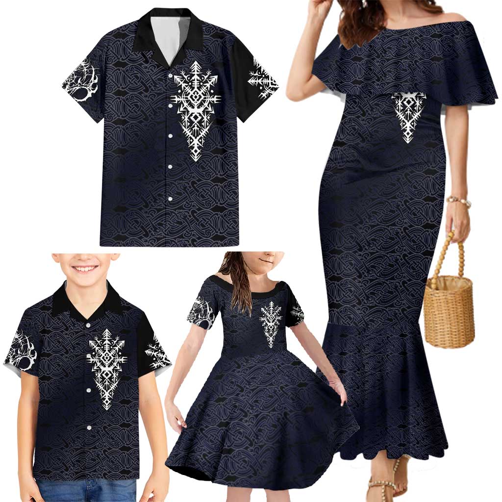Runic Skull Family Matching Mermaid Dress and Hawaiian Shirt with Nordic Symbols and Knot Pattern Viking Heritage Tribute - Wonder Print Shop