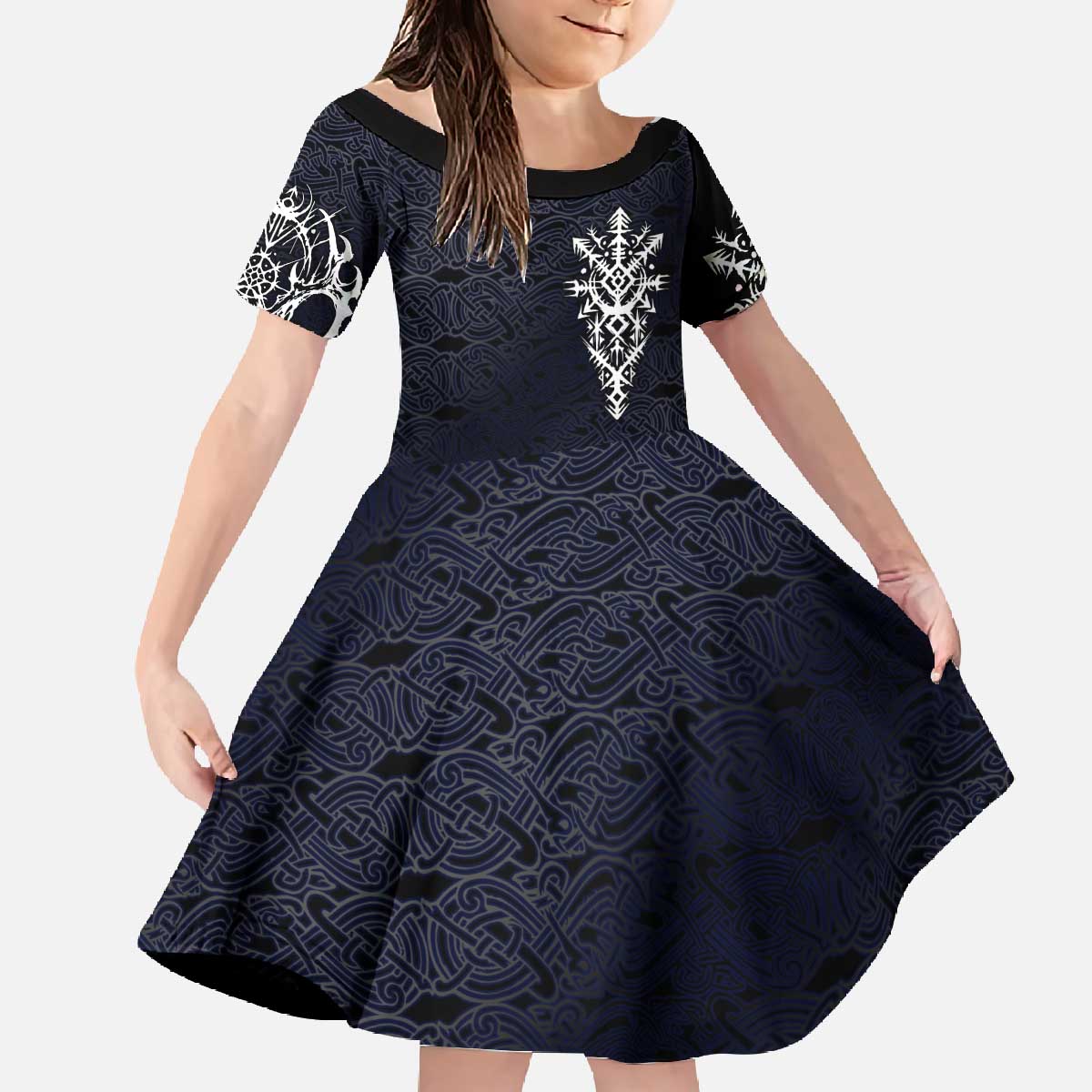 Runic Skull Family Matching Off The Shoulder Long Sleeve Dress and Hawaiian Shirt with Nordic Symbols and Knot Pattern Viking Heritage Tribute - Wonder Print Shop
